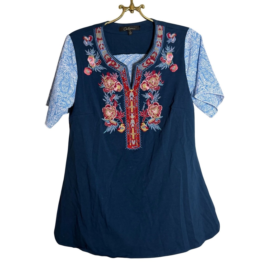 Calessa Womens Small Navy Blue Embroidered Paisley Mixed Media Tunic Top S